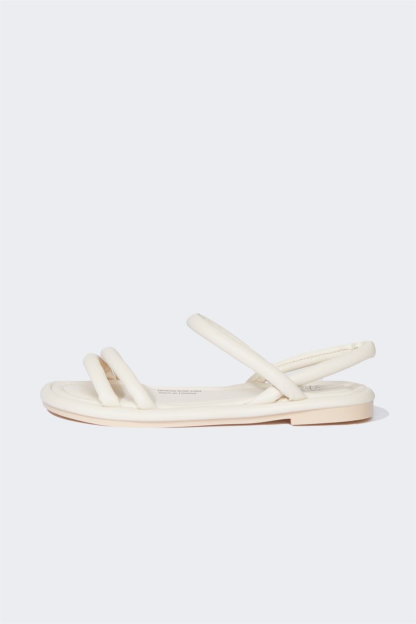 Woman Beige Woman Flat Sole Faux Leather Sandals