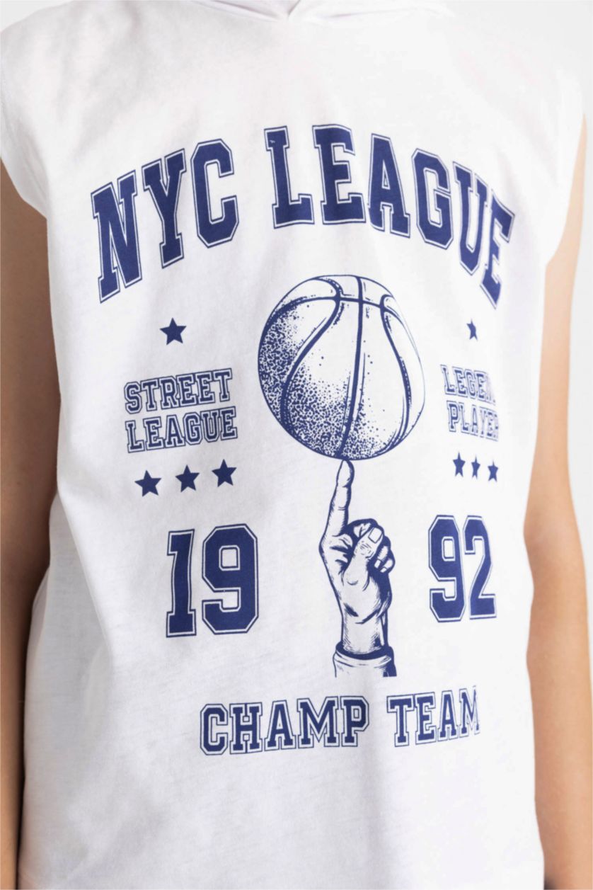 Erkek Çocuk - Genç Erkek Beyaz Baskılı Kapüşonlu Atlet Erkek Çocuk