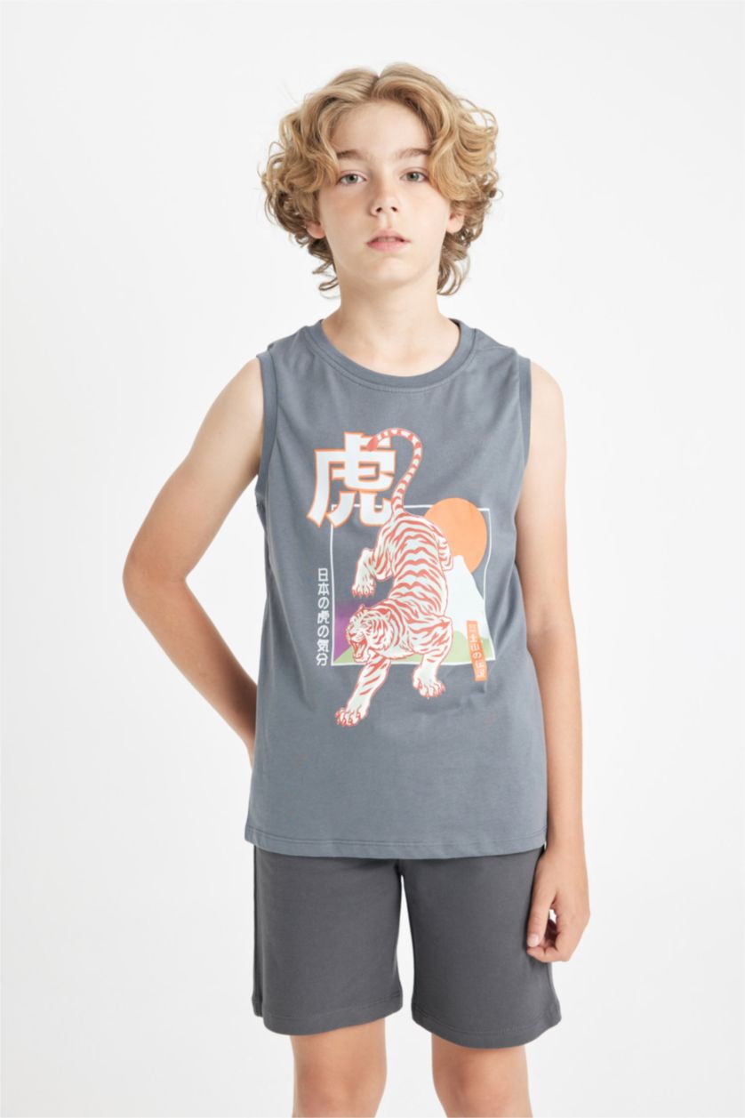 Erkek Çocuk - Genç Erkek Açık İndigo Bisiklet Yaka Kaplan Baskılı Atlet Erkek Çocuk