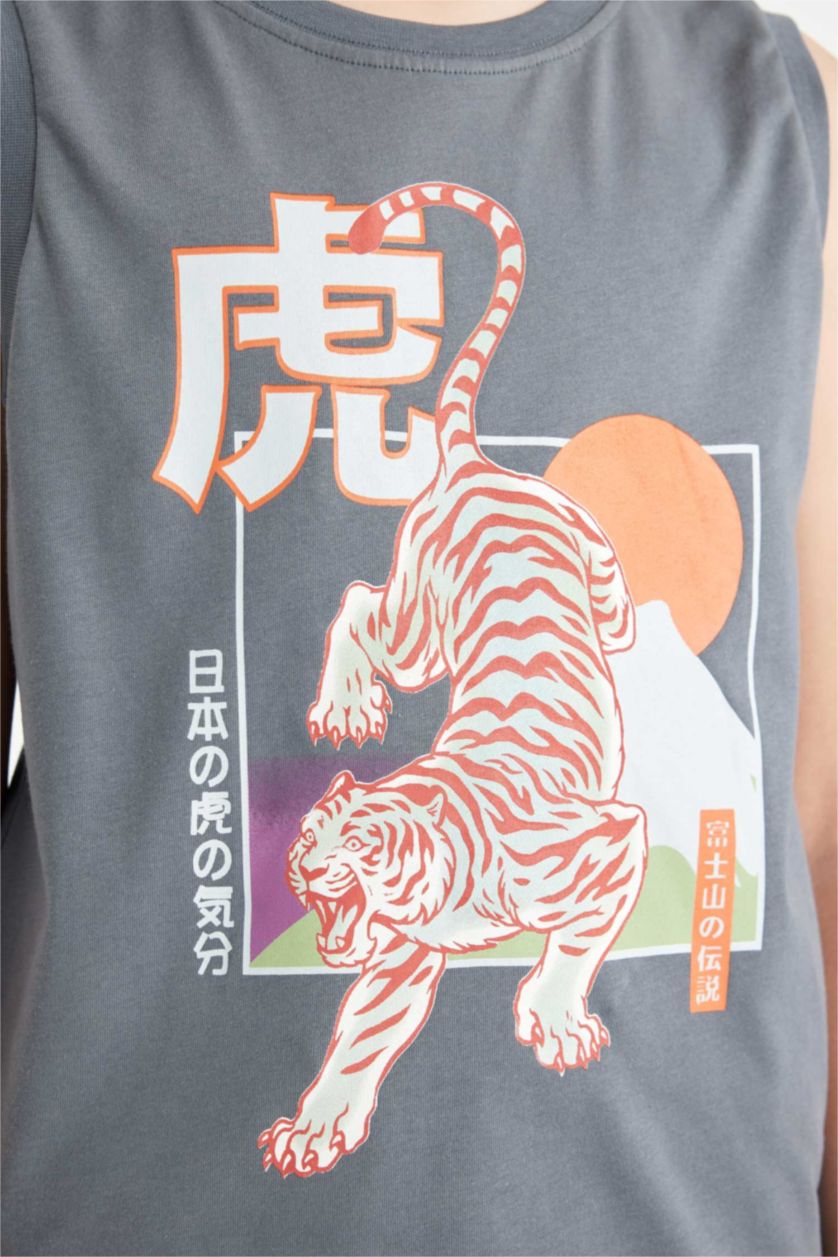 Erkek Çocuk - Genç Erkek Açık İndigo Bisiklet Yaka Kaplan Baskılı Atlet Erkek Çocuk