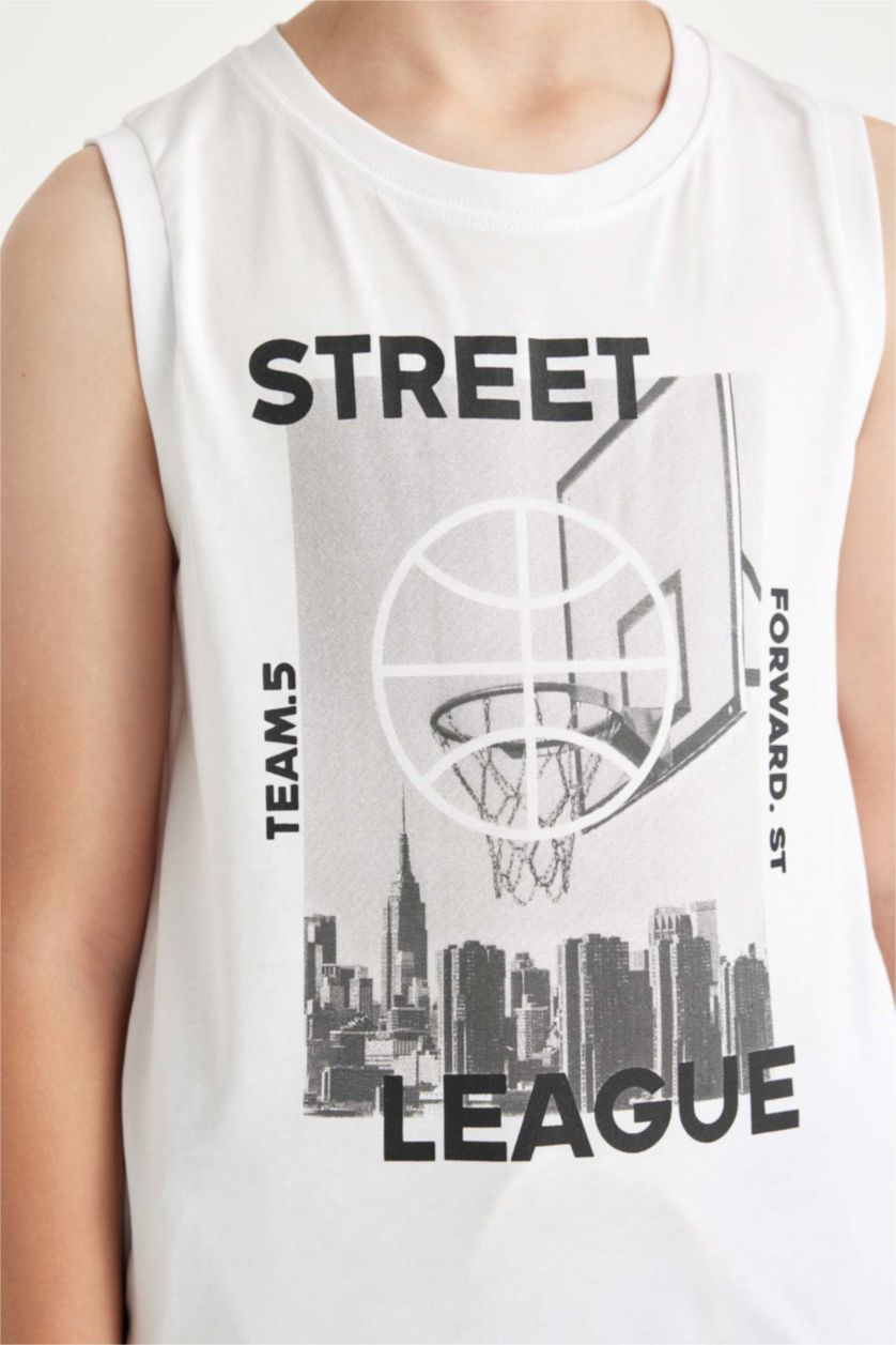 Erkek Çocuk - Genç Erkek Beyaz Bisiklet Yaka Baskılı Atlet Erkek Çocuk