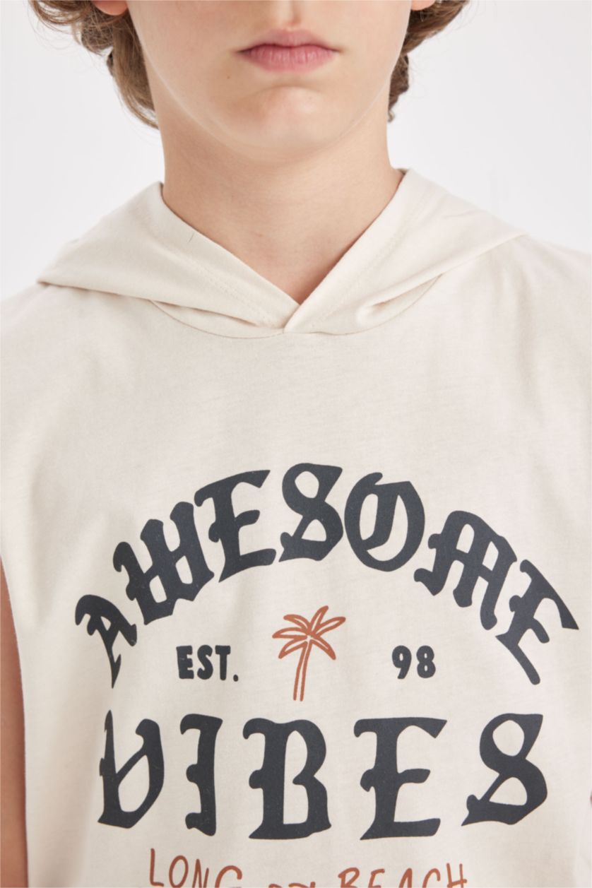 Erkek Çocuk - Genç Erkek Bej Kapüşonlu Baskılı Atlet Erkek Çocuk