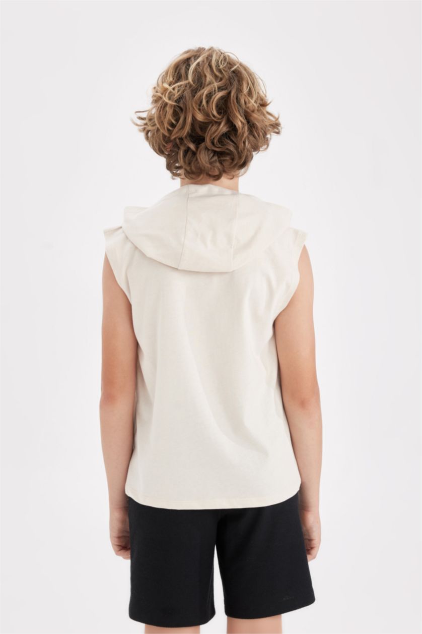 Erkek Çocuk - Genç Erkek Bej Kapüşonlu Baskılı Atlet Erkek Çocuk