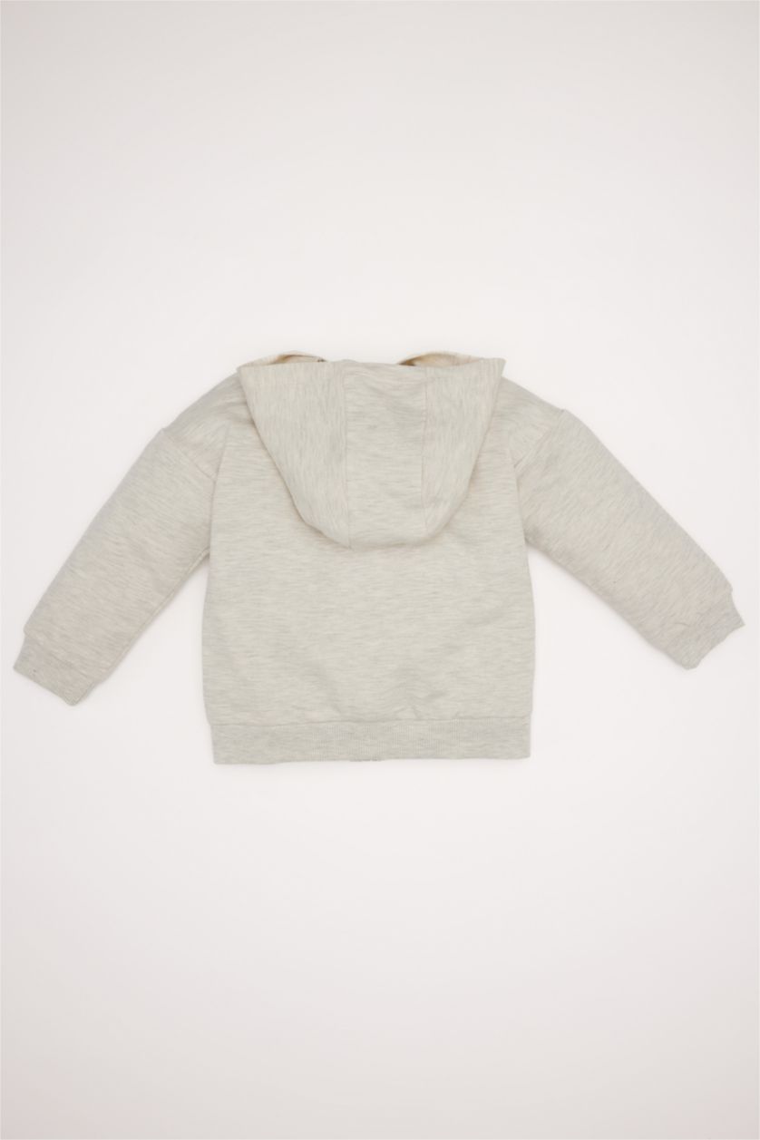Kız Bebek Açık Gri Melange Kız Bebek Kapüşonlu Basic Düz Fermuarlı Sweatshirt