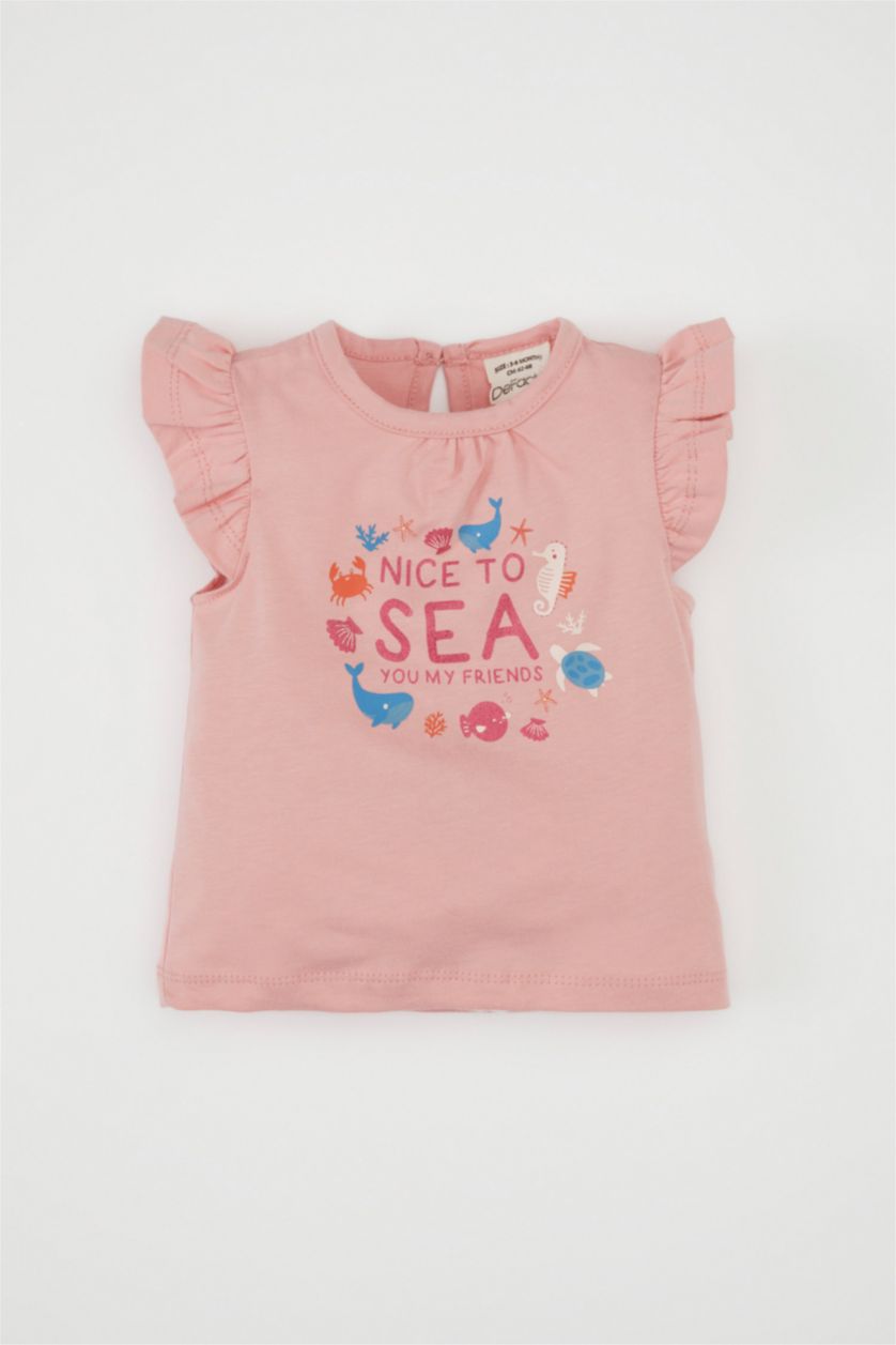 Baby Girl Ecru Baby Girl Sea Printed Ribbed T-Shirt Strap Jumpsuit 2 Piece Set