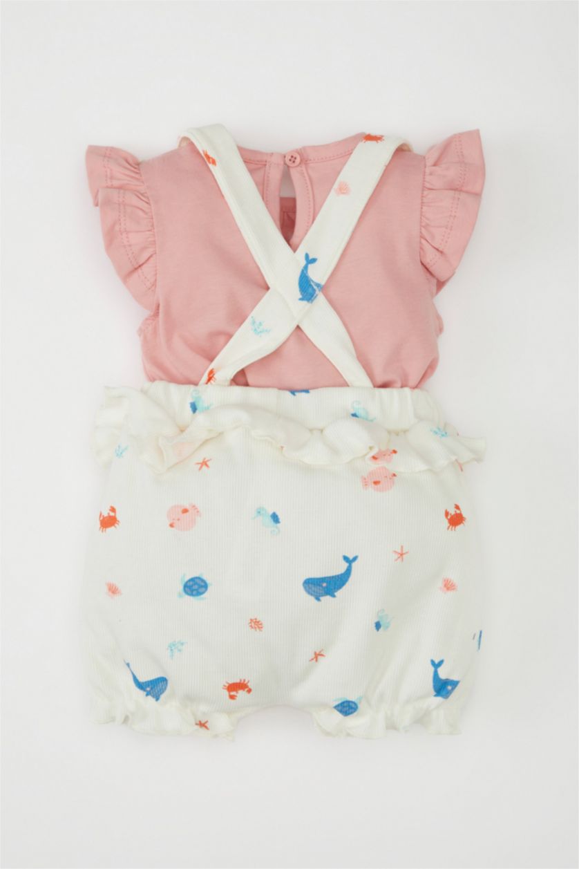 Baby Girl Ecru Baby Girl Sea Printed Ribbed T-Shirt Strap Jumpsuit 2 Piece Set