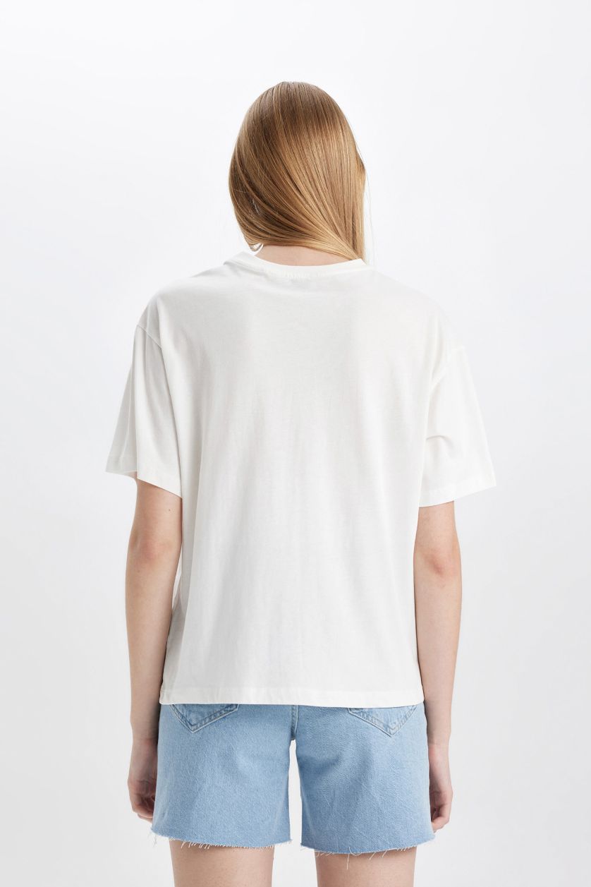 FEMME Blanc T-Shirt Coupe Relax Imprimé Col Rond à Manches Courtes