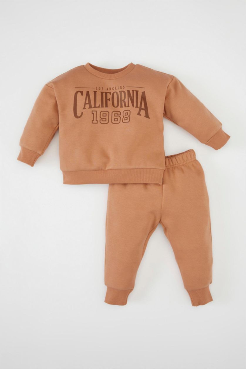 Kız Bebek Açık Kahve Kız Bebek 2'li Takım Baskılı Sweatshirt Beli Lastikli Eşofman Altı