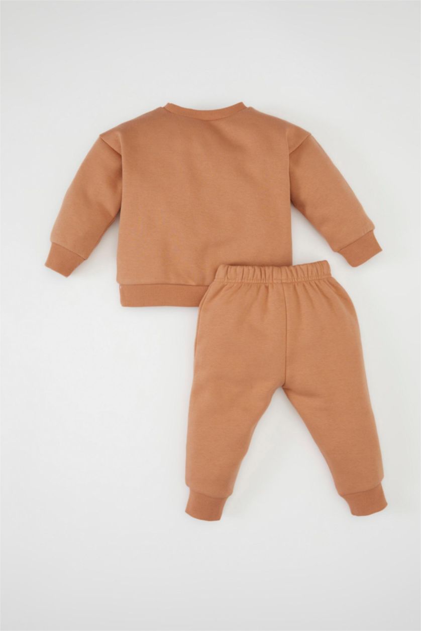 Kız Bebek Açık Kahve Kız Bebek 2'li Takım Baskılı Sweatshirt Beli Lastikli Eşofman Altı