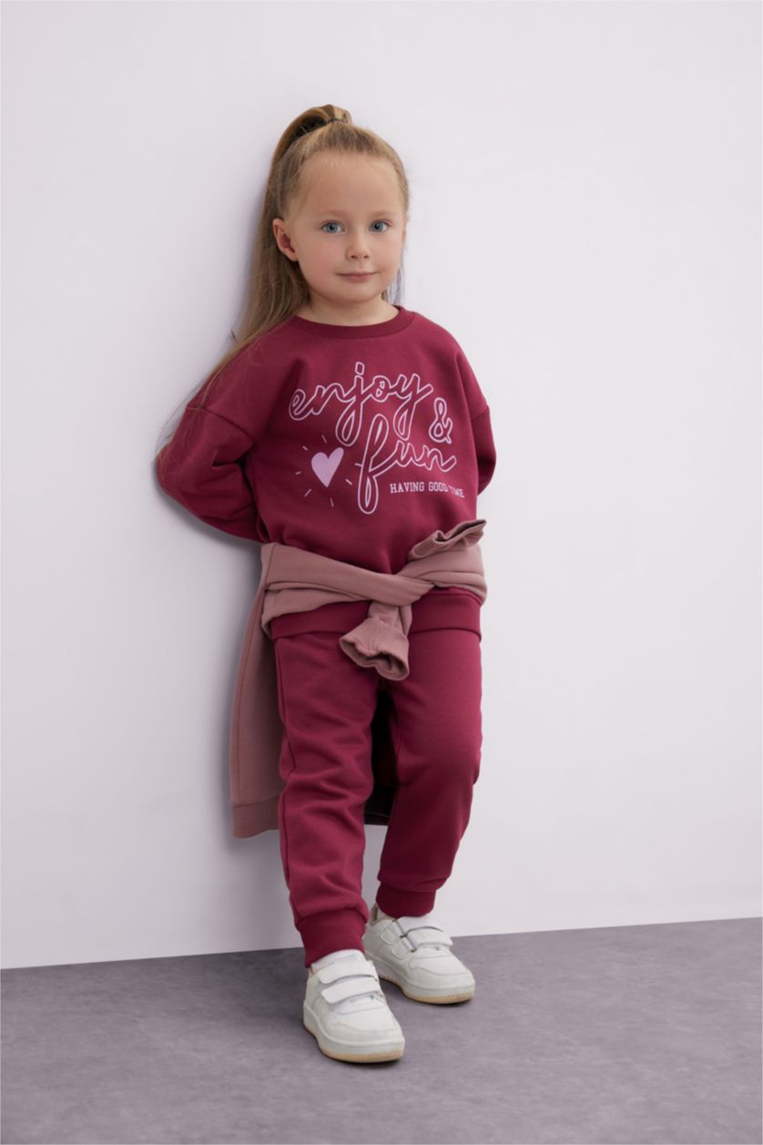 Kız Bebek Bordo Kız Bebek 2'li Takım Baskılı Sweatshirt Beli Lastikli Eşofman Altı