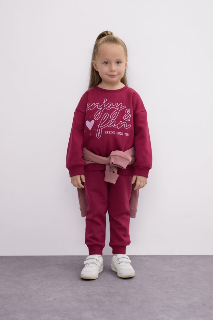 Kız Bebek Bordo Kız Bebek 2'li Takım Baskılı Sweatshirt Beli Lastikli Eşofman Altı