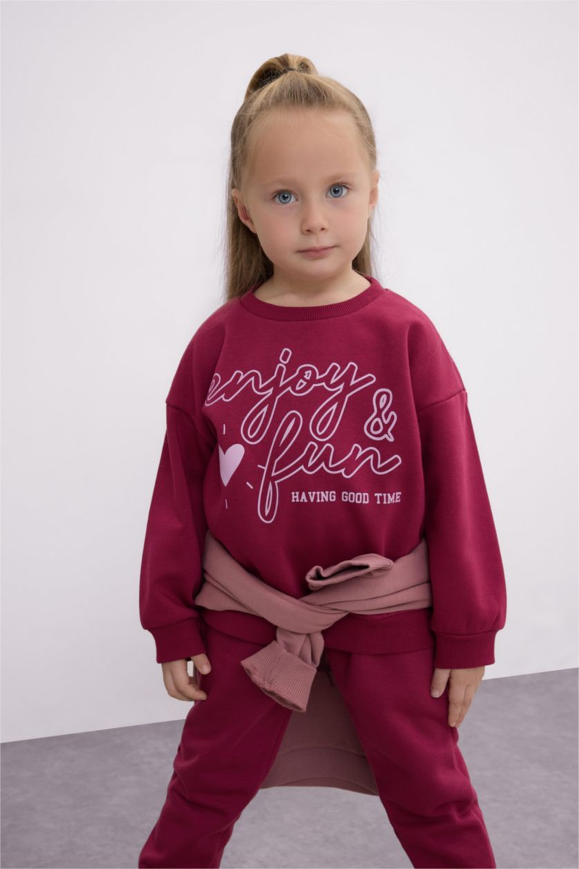 Kız Bebek Bordo Kız Bebek 2'li Takım Baskılı Sweatshirt Beli Lastikli Eşofman Altı