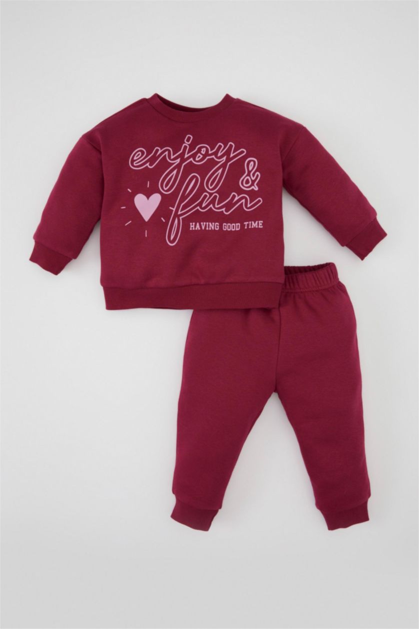 Kız Bebek Bordo Kız Bebek 2'li Takım Baskılı Sweatshirt Beli Lastikli Eşofman Altı