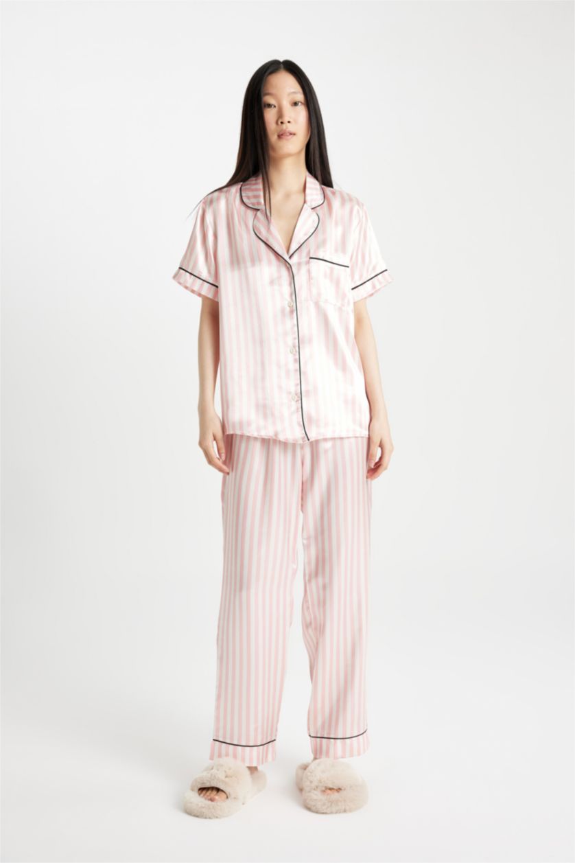 Woman Pink Fall in Love Striped Satin 2 Piece Pajama Set
