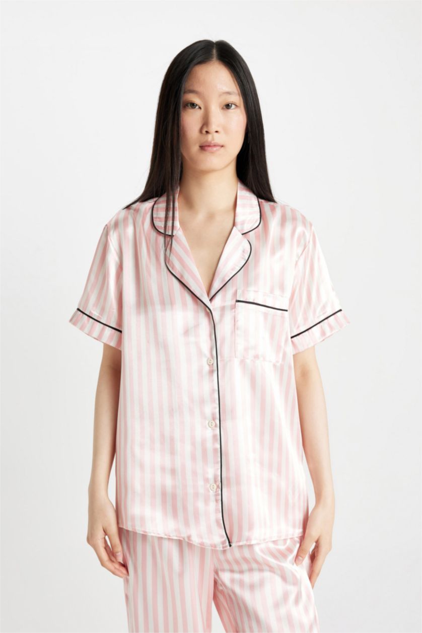 Woman Pink Fall in Love Striped Satin 2 Piece Pajama Set