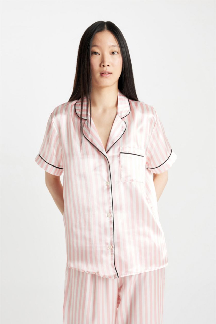 Woman Pink Fall in Love Striped Satin 2 Piece Pajama Set