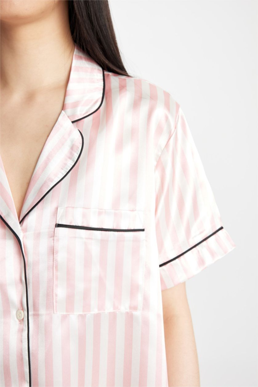 Woman Pink Fall in Love Striped Satin 2 Piece Pajama Set