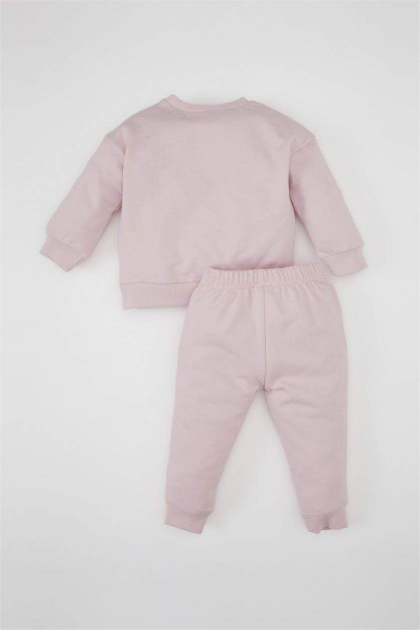 Kız Bebek Açık Pembe Kız Bebek 2'li Takım Baskılı Sweatshirt Beli Lastikli Eşofman Altı