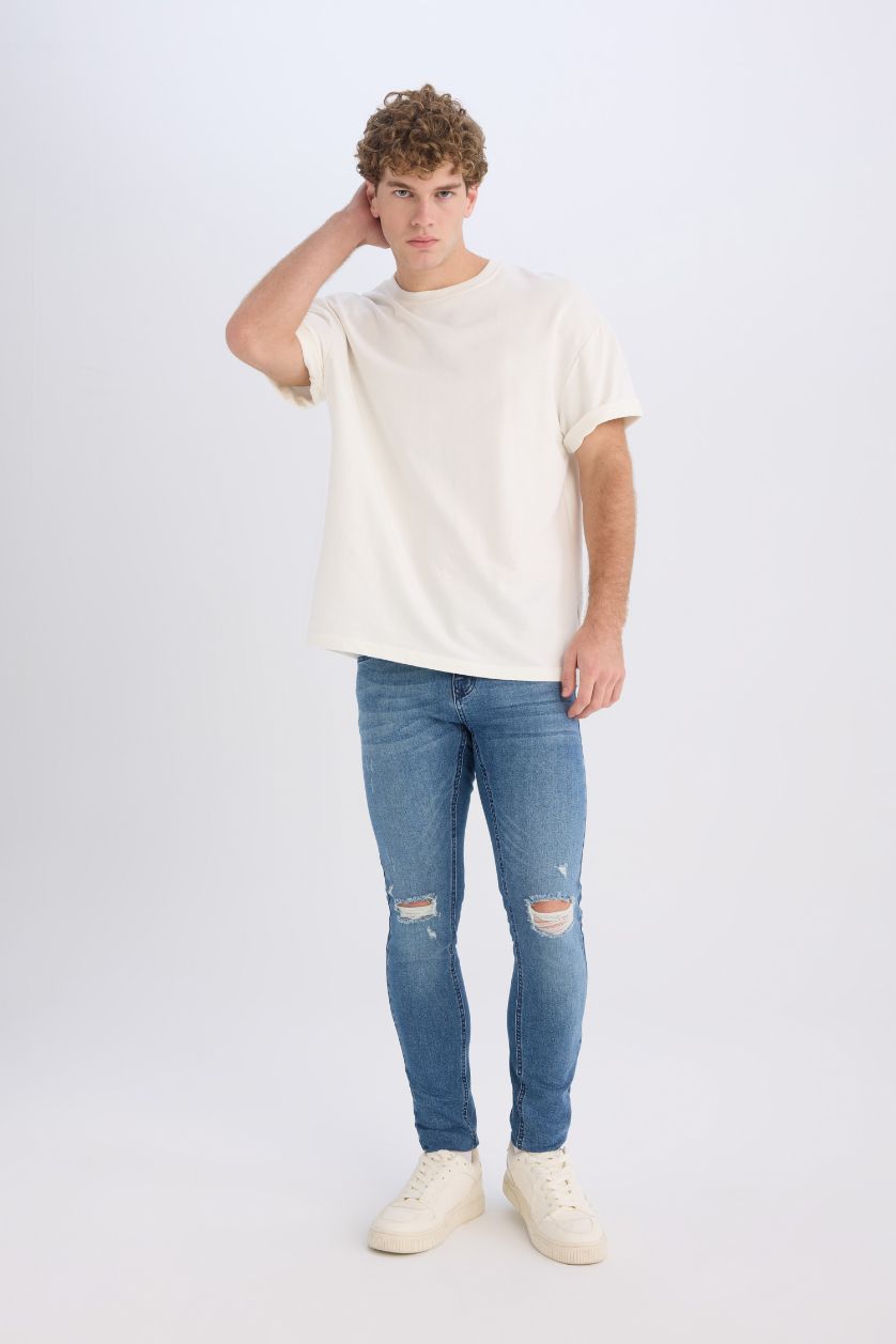 رجالي أزرق بنطلون جينز سوبر سكيني فيت برجل ضيقة وتفاصيل ممزقة