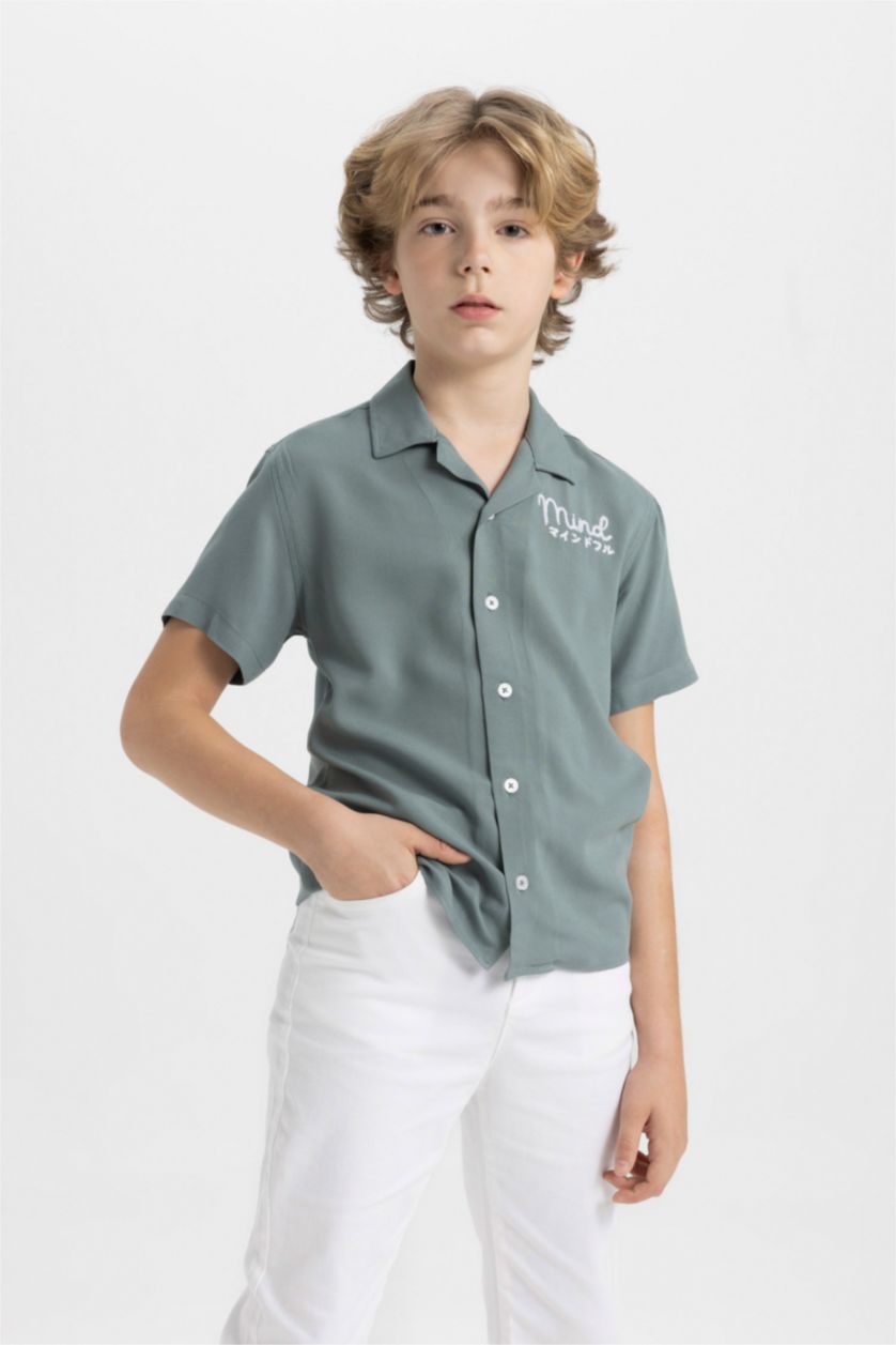 BOYS & TEENS Khaki Boy Oversize Polo Neck Viscose Short Sleeve Shirt
