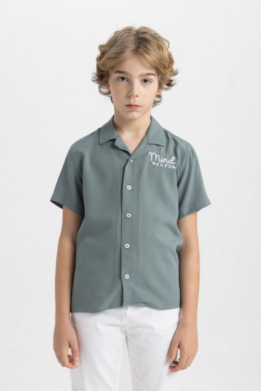 BOYS & TEENS Khaki Boy Oversize Polo Neck Viscose Short Sleeve Shirt