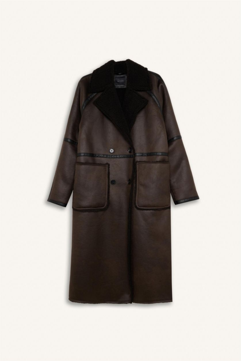 Kadın Kahve Regular Fit Smokin Yaka Suni Deri Düğmeli Cepli Pelüş Astar Parka