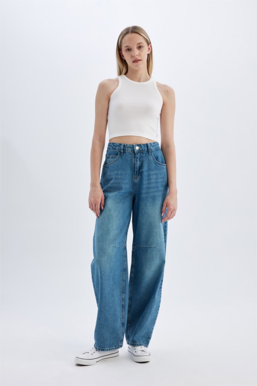 Kadın Mavi Baggy Fit Yüksek Bel Uzun Yıkamalı Jean Pantolon