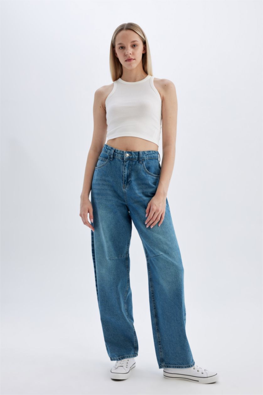 Kadın Mavi Baggy Fit Yüksek Bel Uzun Yıkamalı Jean Pantolon