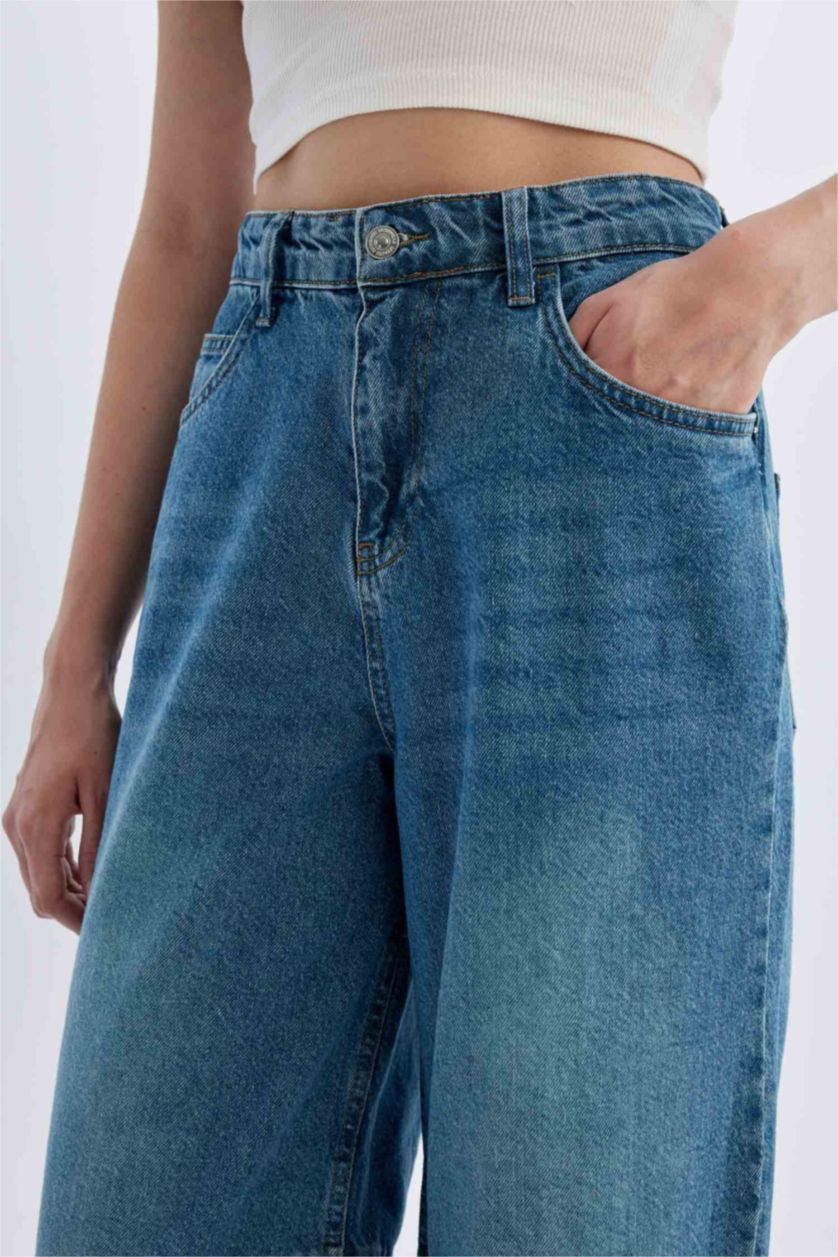 Kadın Mavi Baggy Fit Yüksek Bel Uzun Yıkamalı Jean Pantolon
