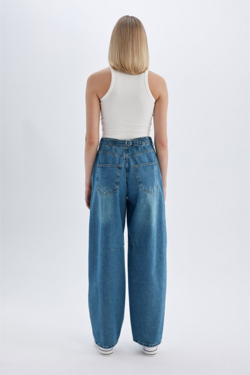 Kadın Mavi Baggy Fit Yüksek Bel Uzun Yıkamalı Jean Pantolon