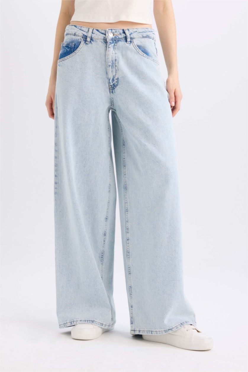 FEMME Bleu Pantalon Jean Long Délavé à Taille Haute Palazzo