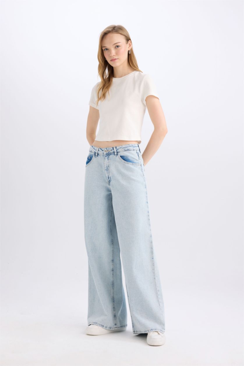 FEMME Bleu Pantalon Jean Long Délavé à Taille Haute Palazzo