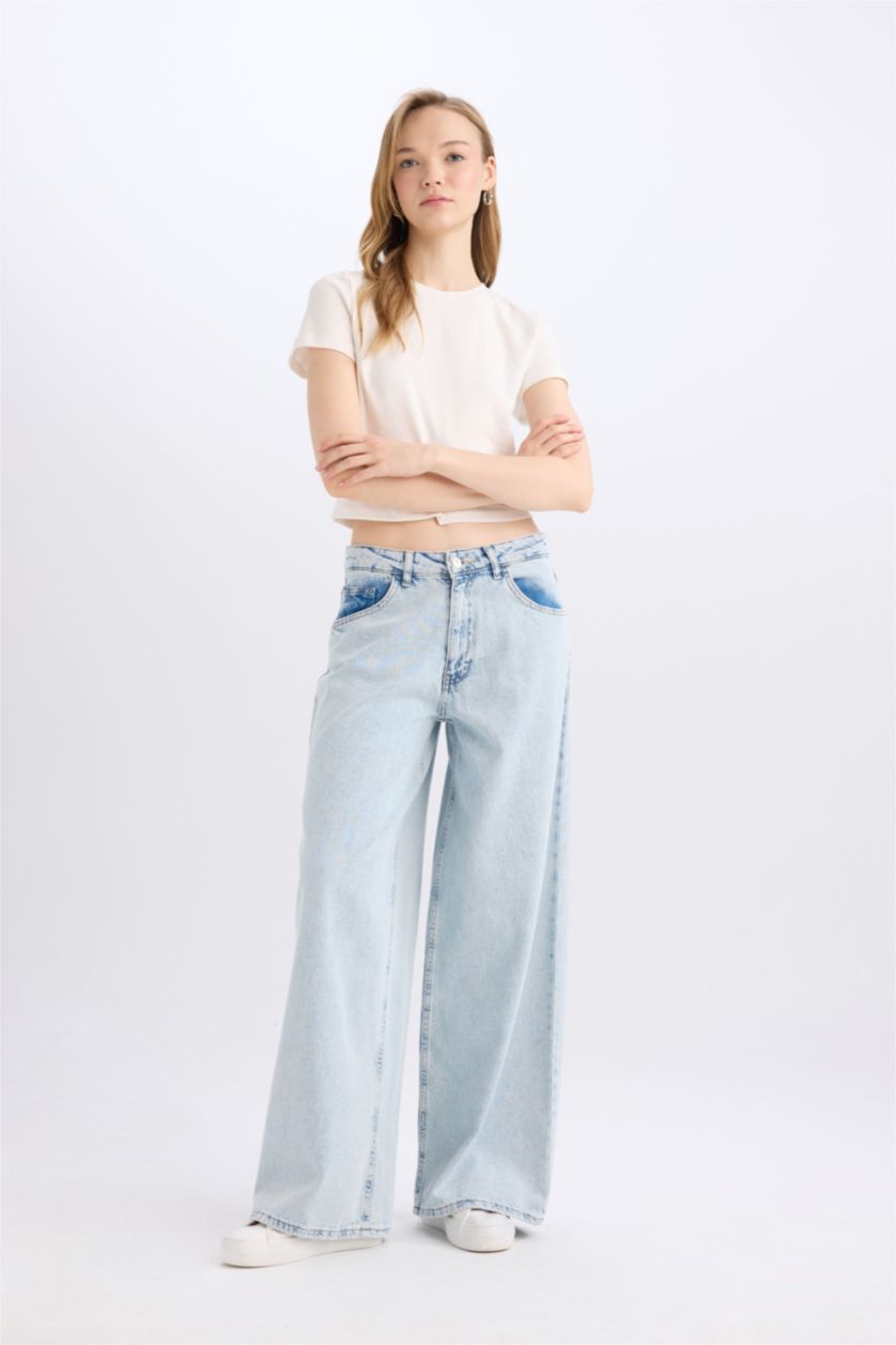 FEMME Bleu Pantalon Jean Long Délavé à Taille Haute Palazzo