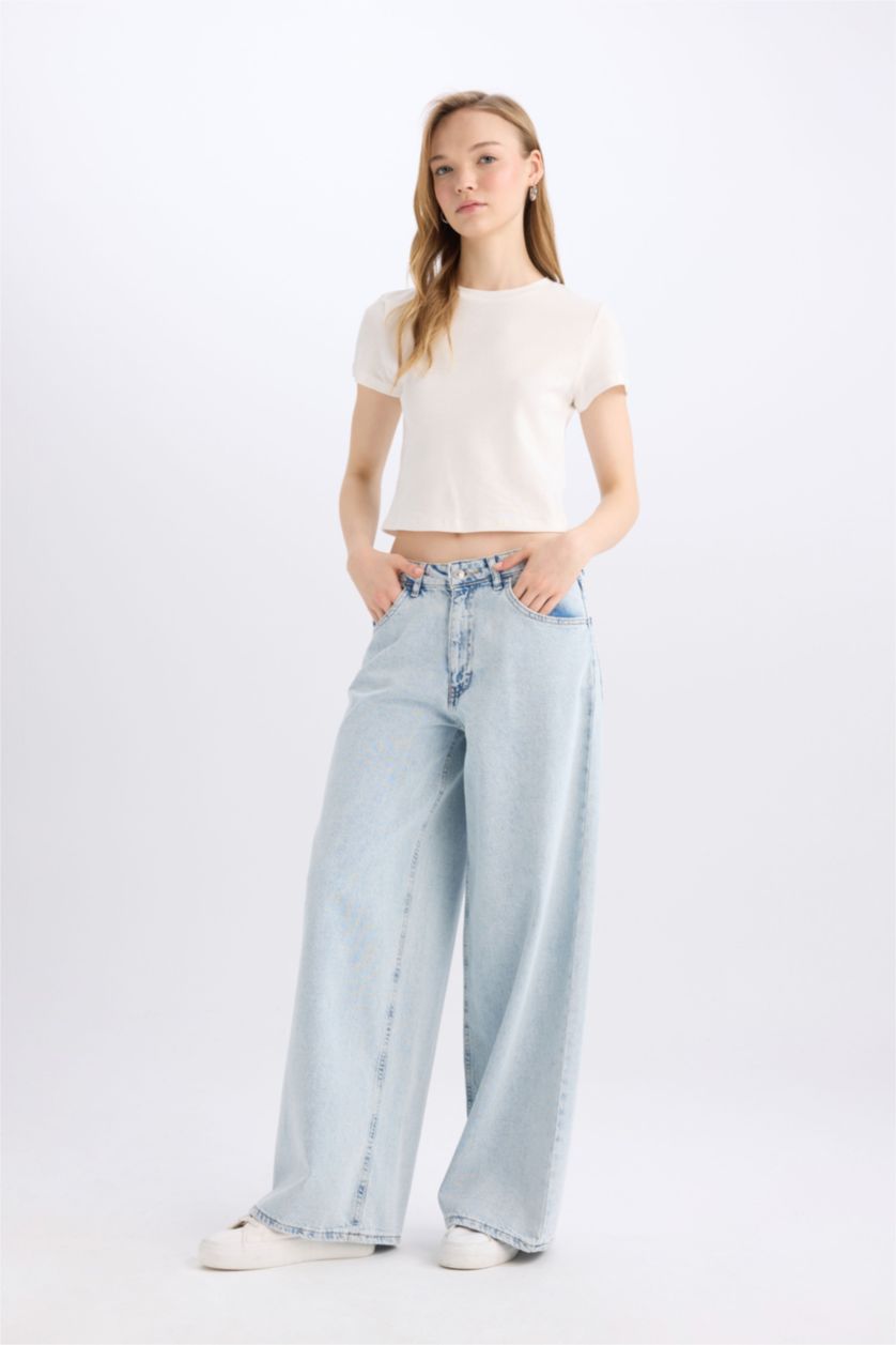 FEMME Bleu Pantalon Jean Long Délavé à Taille Haute Palazzo