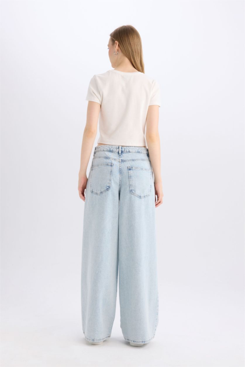 FEMME Bleu Pantalon Jean Long Délavé à Taille Haute Palazzo