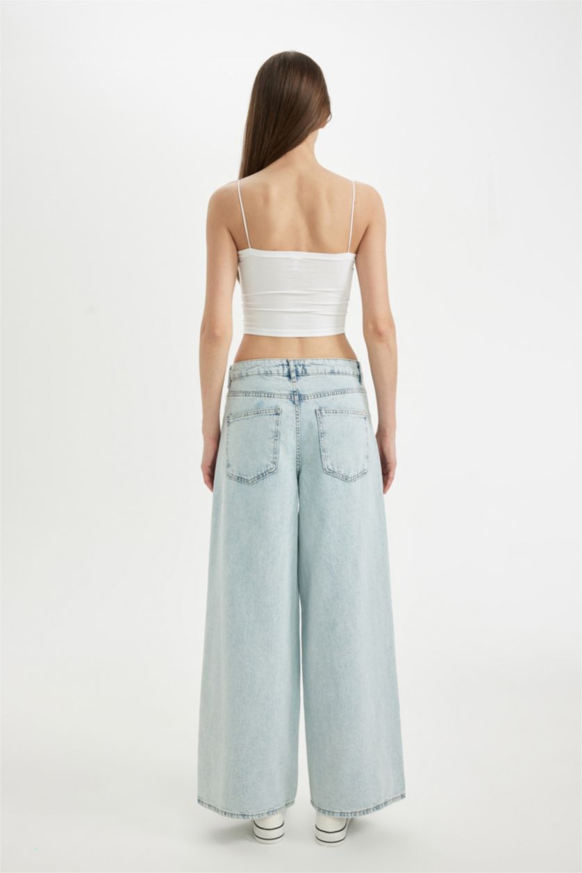 FEMME Bleu Pantalon Jean Long Délavé à Taille Haute Palazzo
