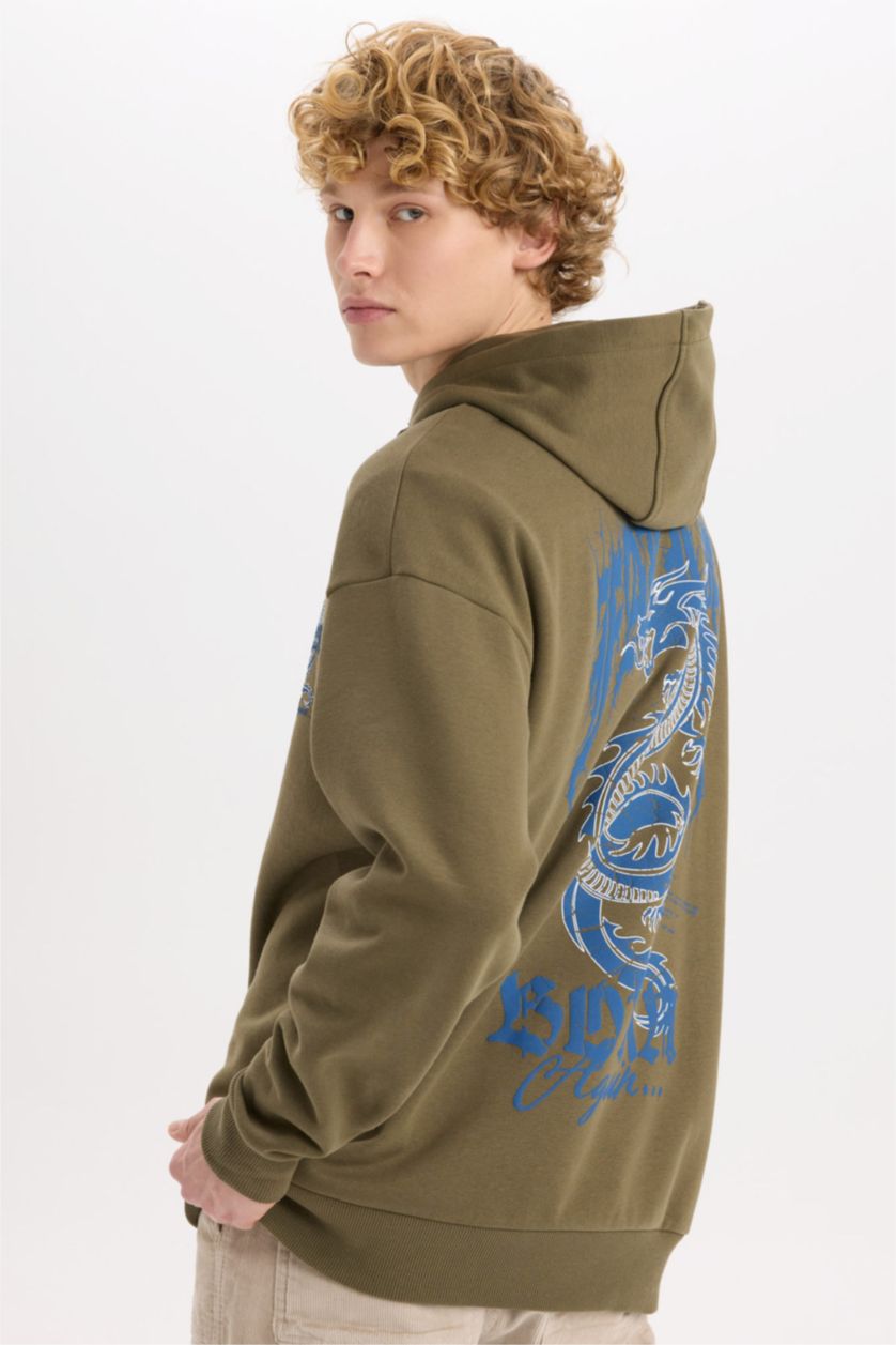 Erkek Haki Boxy Fit Kapüşonlu Sırt Baskılı Sweatshirt