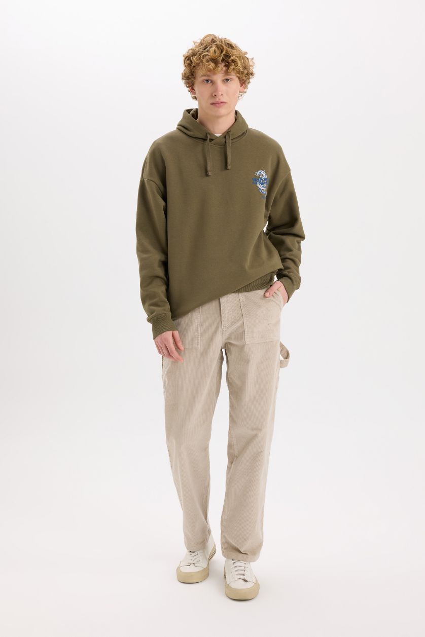 Erkek Haki Boxy Fit Kapüşonlu Sırt Baskılı Sweatshirt