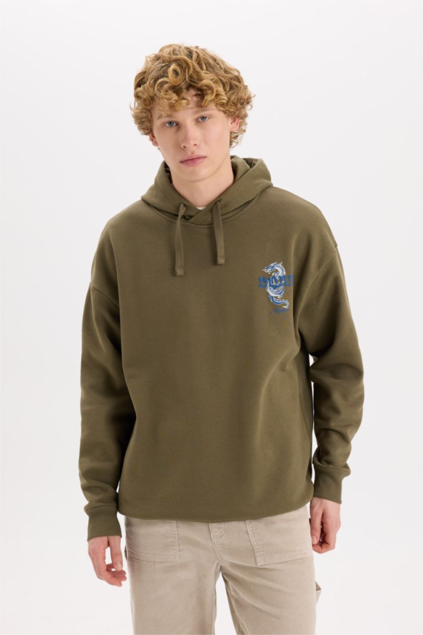 Erkek Haki Boxy Fit Kapüşonlu Sırt Baskılı Sweatshirt