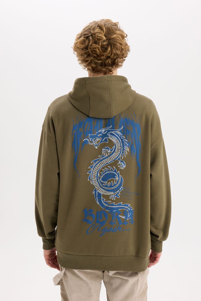 Erkek Haki Boxy Fit Kapüşonlu Sırt Baskılı Sweatshirt