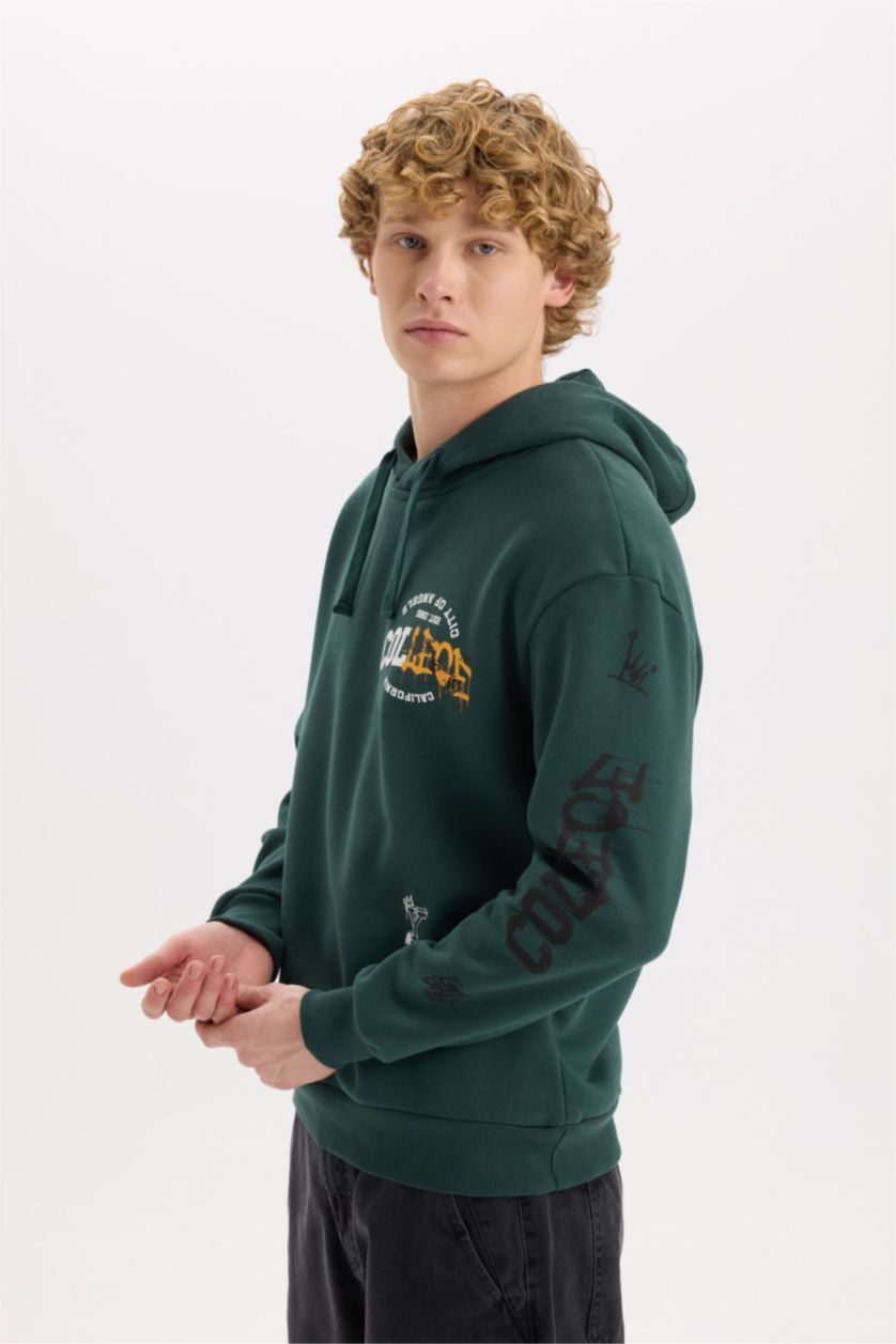 Erkek Koyu Yeşil Boxy Fıt Kapüşonlu Baskılı Sweatshirt