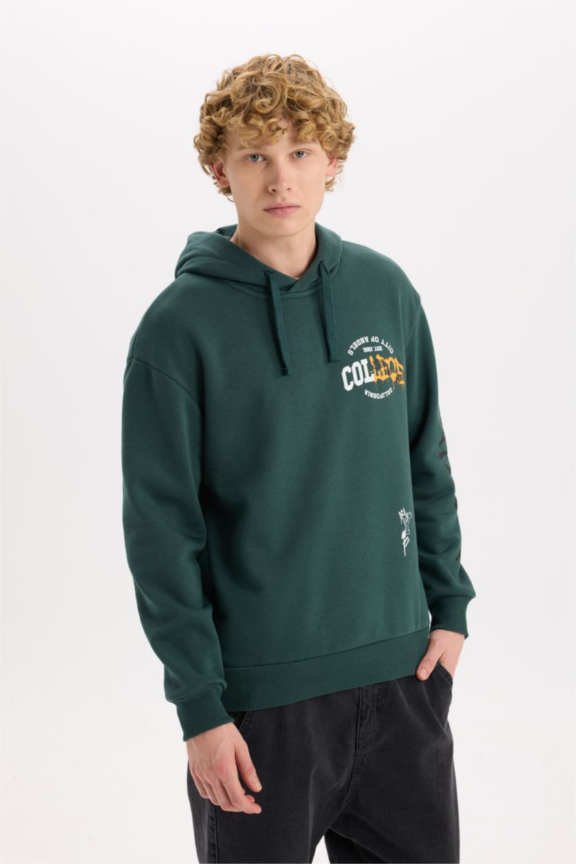 Erkek Koyu Yeşil Boxy Fıt Kapüşonlu Baskılı Sweatshirt