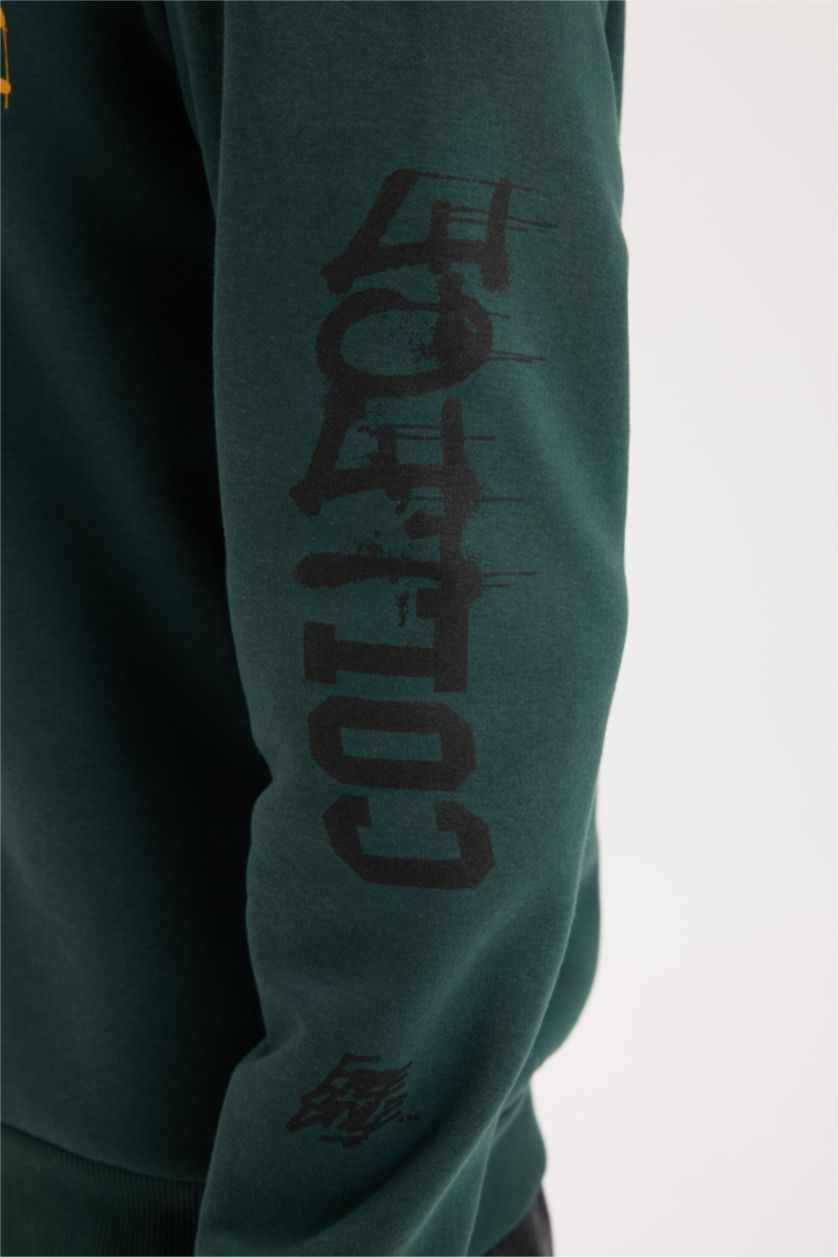 Erkek Koyu Yeşil Boxy Fıt Kapüşonlu Baskılı Sweatshirt