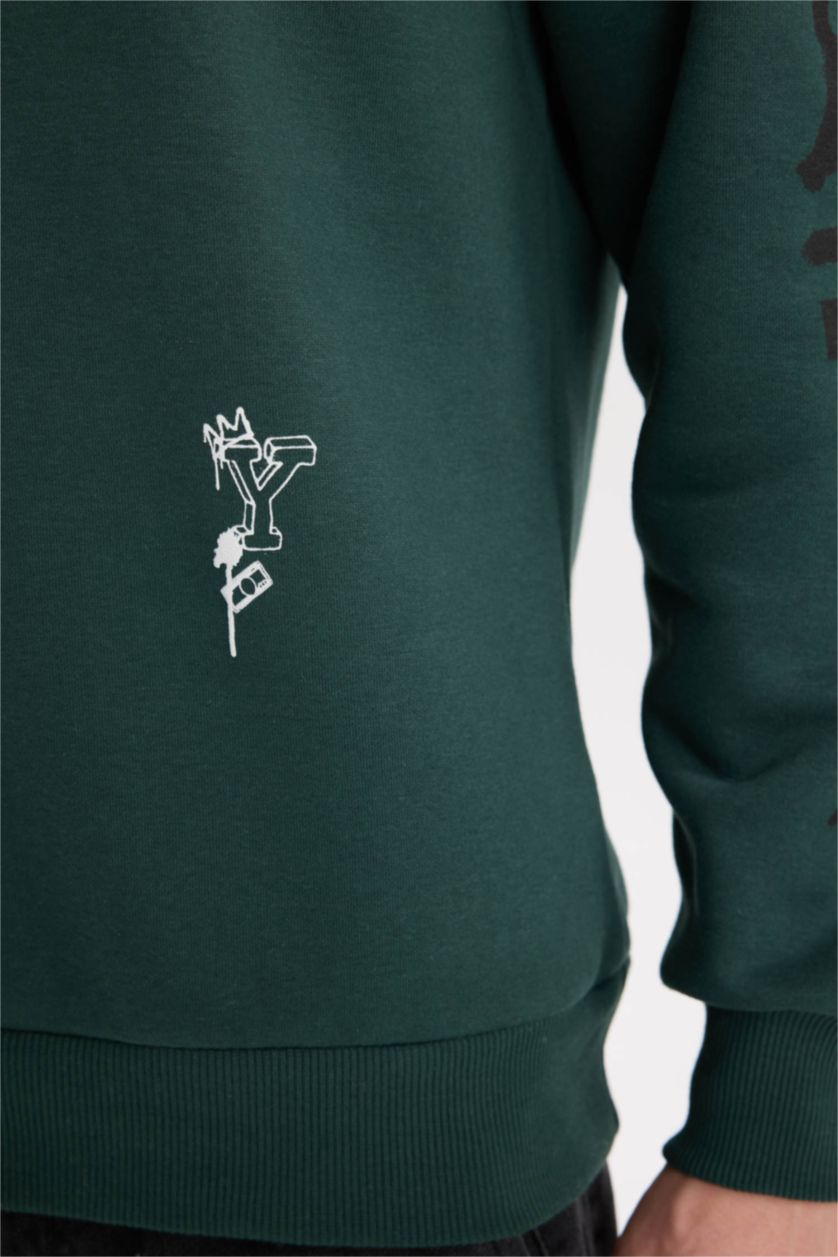 Erkek Koyu Yeşil Boxy Fıt Kapüşonlu Baskılı Sweatshirt