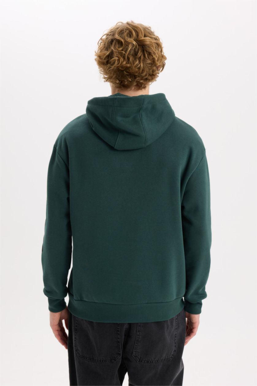 Erkek Koyu Yeşil Boxy Fıt Kapüşonlu Baskılı Sweatshirt