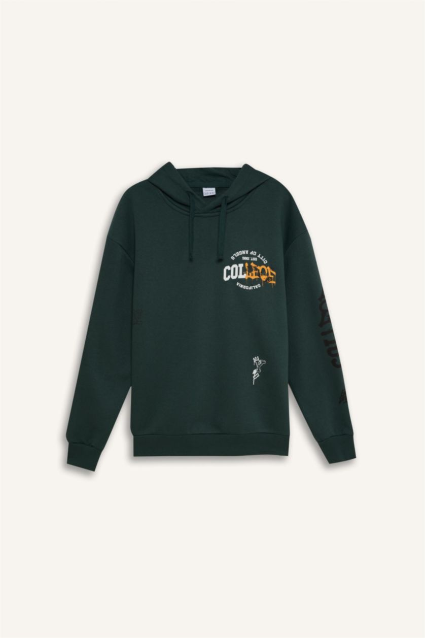 Erkek Koyu Yeşil Boxy Fıt Kapüşonlu Baskılı Sweatshirt