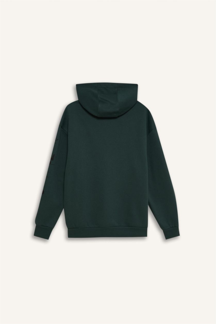 Erkek Koyu Yeşil Boxy Fıt Kapüşonlu Baskılı Sweatshirt