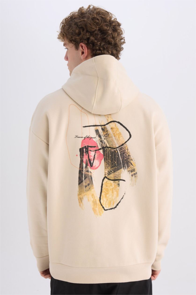 Erkek Taş Oversize Geniş Kalıp Kapüşonlu Sırt Baskılı Sweatshirt