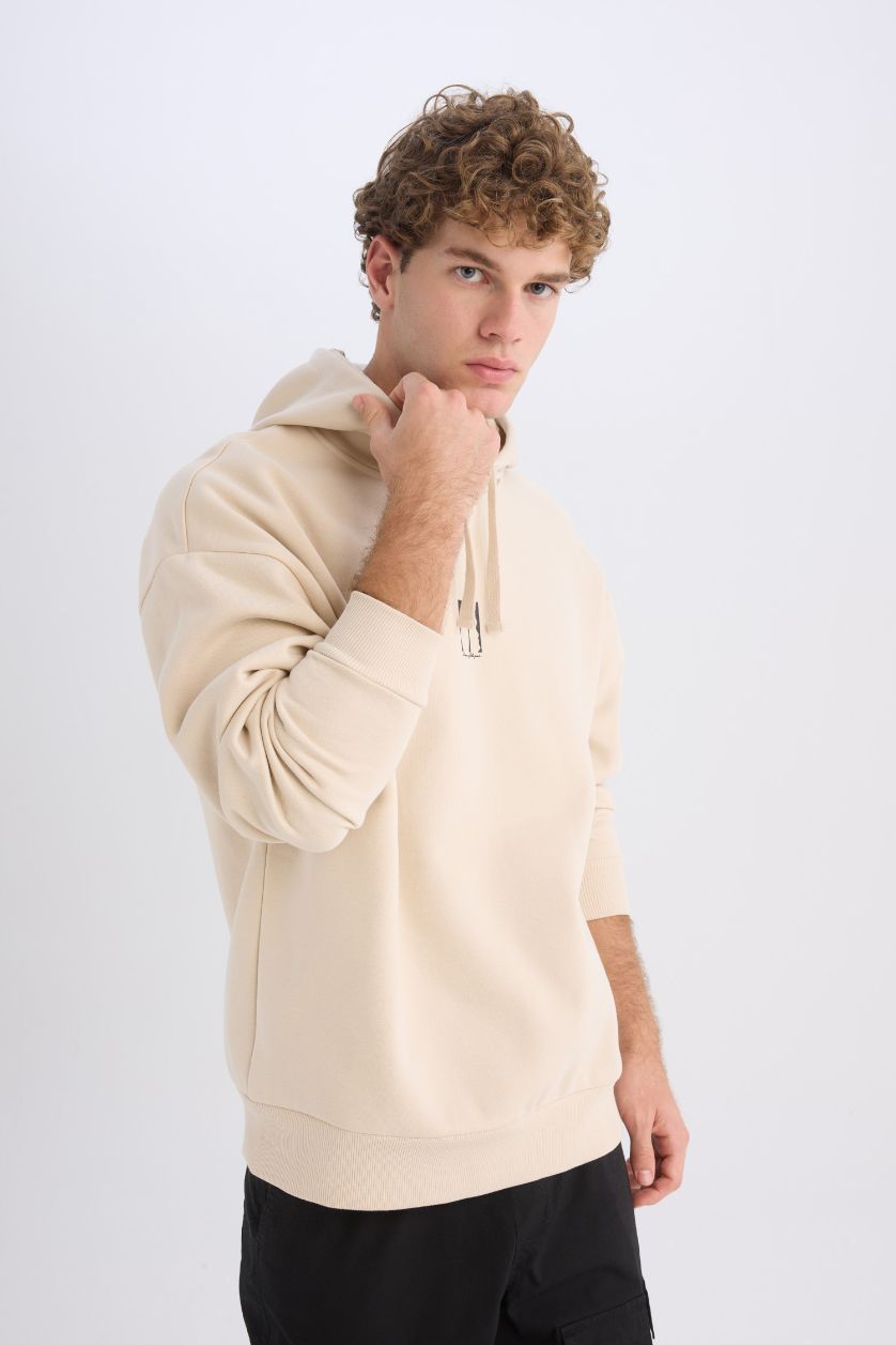 Erkek Taş Oversize Geniş Kalıp Kapüşonlu Sırt Baskılı Sweatshirt