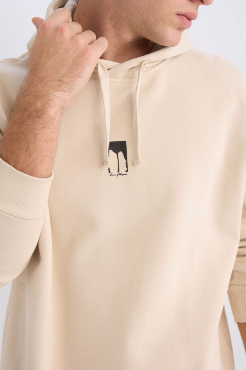 Erkek Taş Oversize Geniş Kalıp Kapüşonlu Sırt Baskılı Sweatshirt